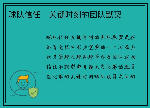 球队信任：关键时刻的团队默契